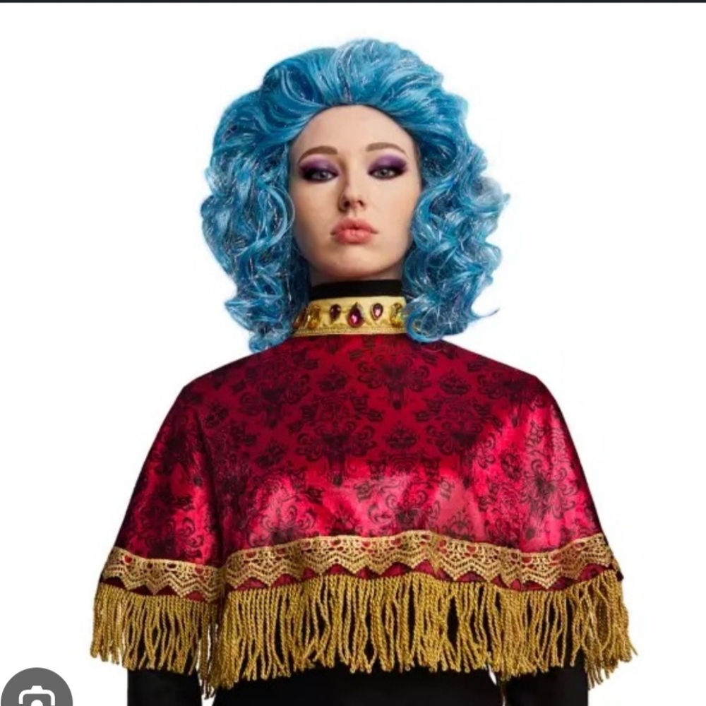 Disney Haunted Mansion Madame Leota Blue Wig w/Red and Gold Fringe Capelet